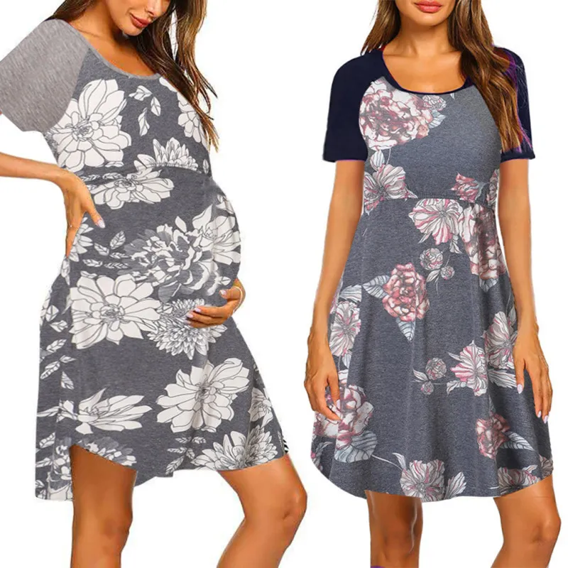 Summer Women Casual Floral Print Round Neck Short Sleeve Maternity Dress
