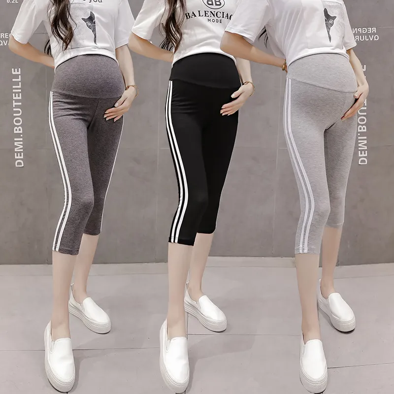 Summer Casual Side Stripe Belly-Supporting Cotton Leggings For Pregnant Women