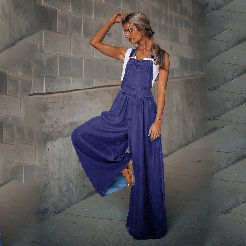 Wholesale Summer Women Fashion Loose Denim Strap Wide Leg