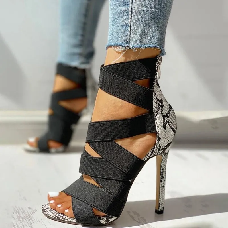Summer Women Sexy Fashion Plus Size Snake Pattern Cross Strap High Heel Sandals