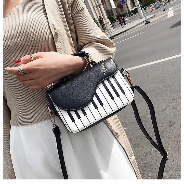 Women Fashion Colorblock Piano Print Flap Handle Crossbody Bag
