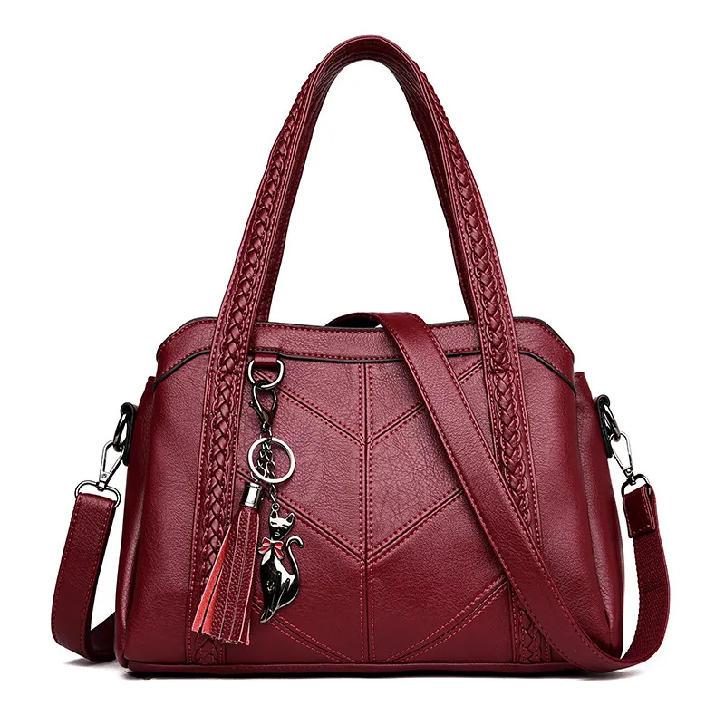 Women's Fashion Large Capacity Tassel Pendant Zipper Handbag PU Satchel