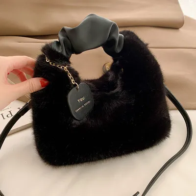Women Autumn Winter Fashionable Solid Color Plush Handle Crossbody Bag Medium