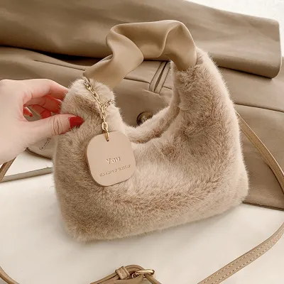 Women Autumn Winter Fashionable Solid Color Plush Handle Crossbody Bag Medium