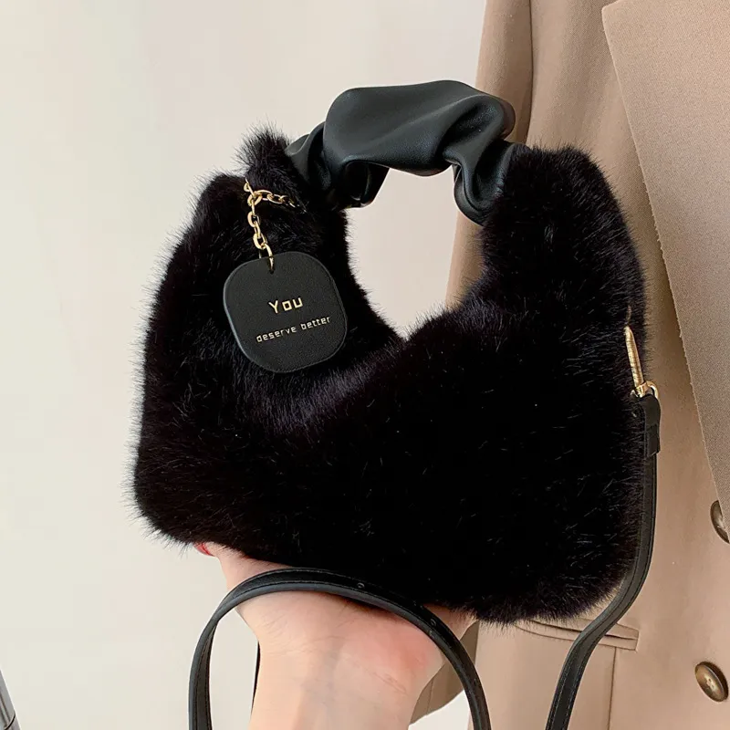 Women Autumn Winter Fashionable Solid Color Plush Handle Crossbody Bag Medium