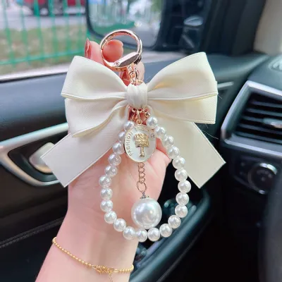 Women Fashion Bow Pearl Chain Key Ring Pendant