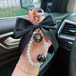 Women Fashion Bow Pearl Chain Key Ring Pendant