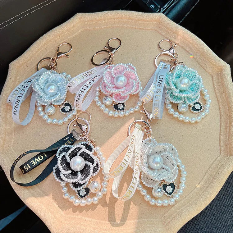Women Fashion Creative Camellia Pearl Key Chain Pendant