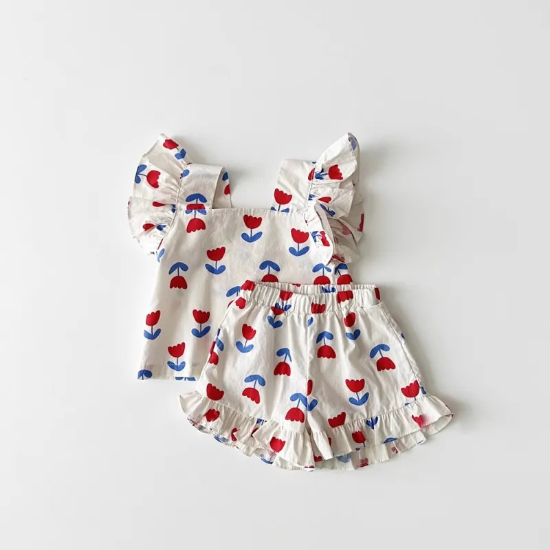 Kids Toddler Girls Casual Floral Print Sleeveless Square Neck Top Shorts Set