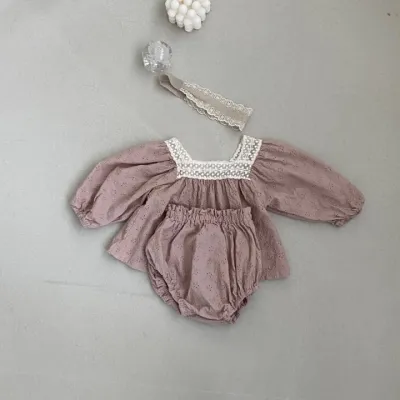 Kids Baby Girls Casual Cute Tiny Flower Hollow Long Sleeve Square Neck Cotton Top Shorts Set