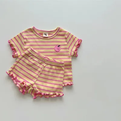Kids Baby Girls Casual Cute Stripe Print Short Sleeve Round Neck Cotton Top Shorts Set