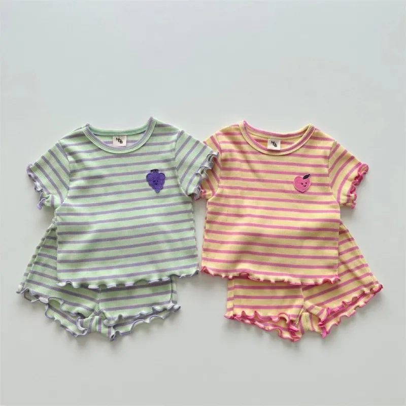 Kids Baby Girls Casual Cute Stripe Print Short Sleeve Round Neck Cotton Top Shorts Set