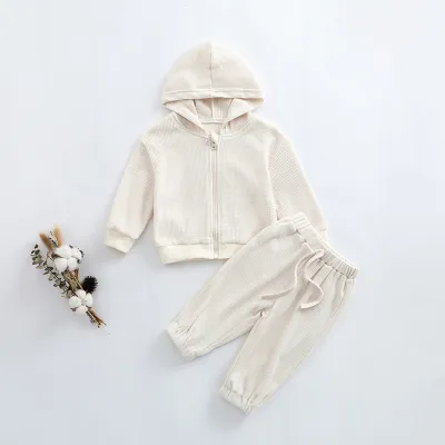 Kids Baby Boys Girls Casual Cute Solid Color Waffley Zipper Long Sleeve Round Neck Hoodies Trousers Set
