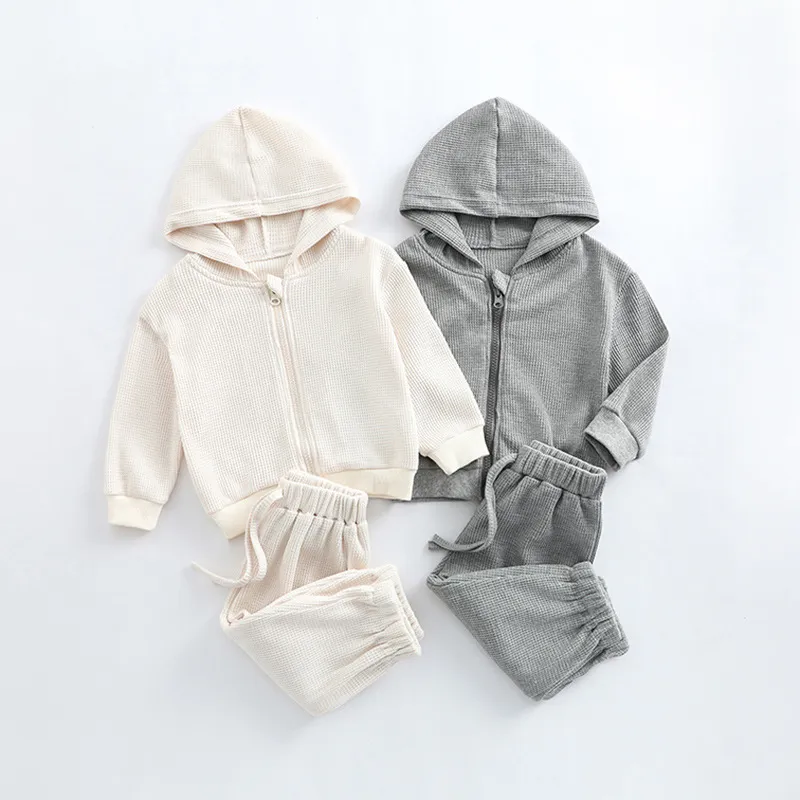 Kids Baby Boys Girls Casual Cute Solid Color Waffley Zipper Long Sleeve Round Neck Hoodies Trousers Set