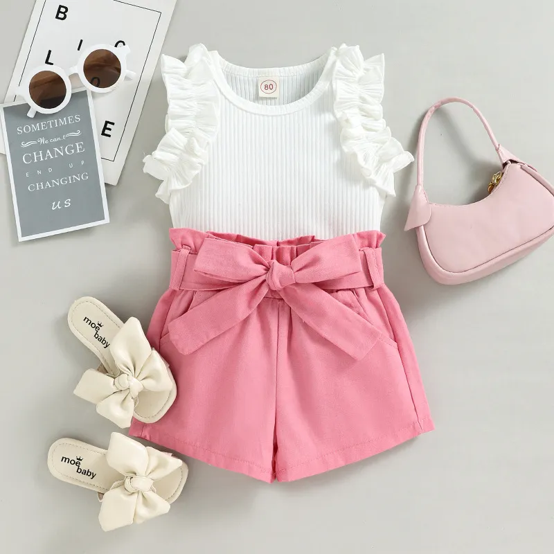 Kids Toddler Girls Casual Cute Solid Color Sleeveless Round Neck Top and Shorts Set