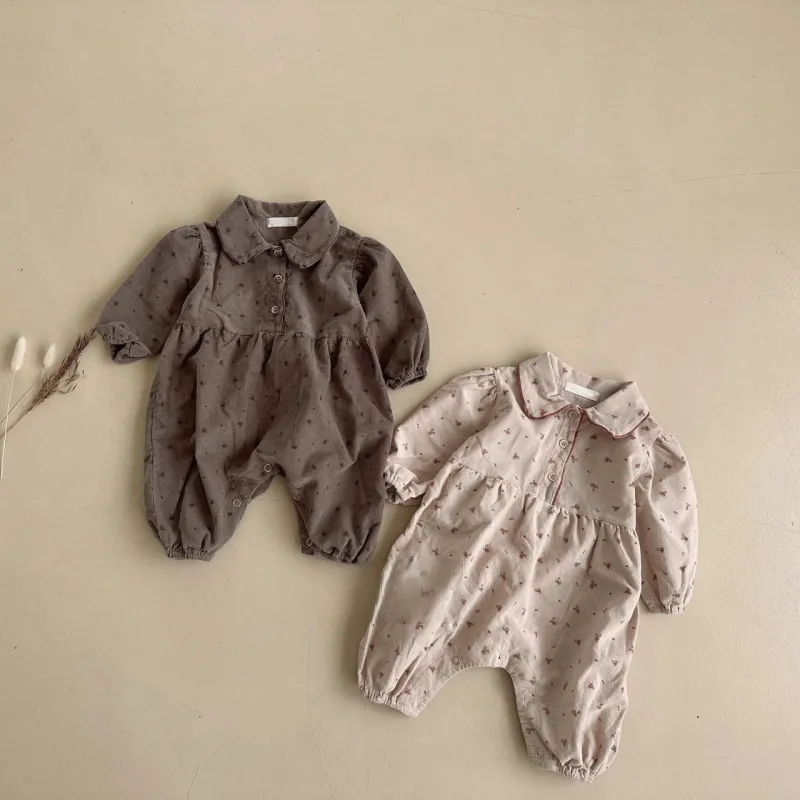Kids Baby Girls Casual Cute Tiny Flower Print Long Sleeve Lapel Corduroy Bodysuit