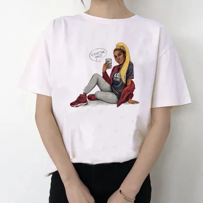 Women African Girl Head Print Round Neck Short Sleeve T-Shirt