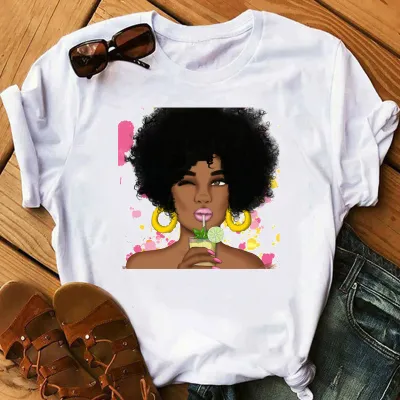 Women African Girl Head Print Round Neck Short Sleeve T-Shirt