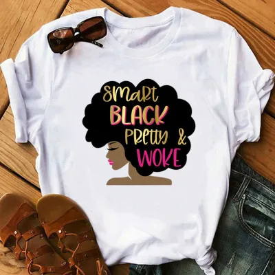 Women African Girl Head Print Round Neck Short Sleeve T-Shirt
