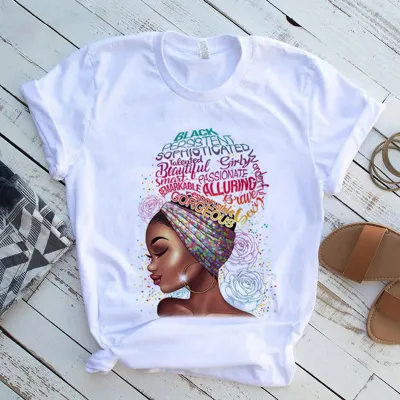 Women African Girl Head Print Round Neck Short Sleeve T-Shirt