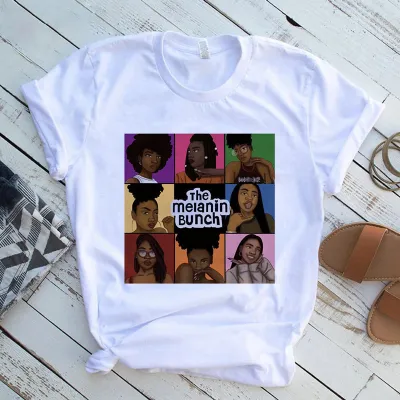 Women African Girl Head Print Round Neck Short Sleeve T-Shirt