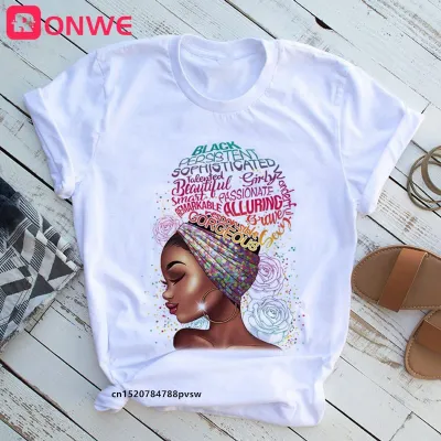 Women African Girl Head Print Round Neck Short Sleeve T-Shirt