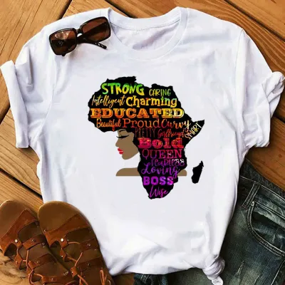 Women African Girl Head Print Round Neck Short Sleeve T-Shirt