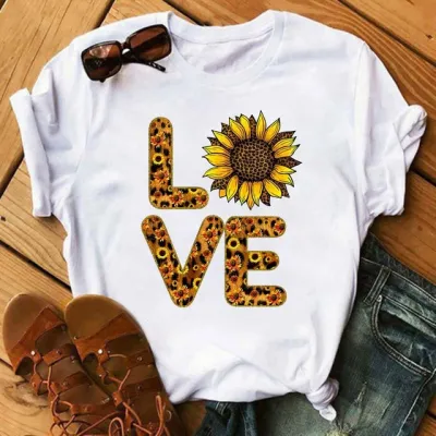 Women Fashion Sunflower Heart Lip Print Round Neck Short Sleeve T-Shirt