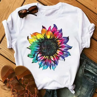 Women Fashion Sunflower Heart Lip Print Round Neck Short Sleeve T-Shirt