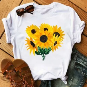Women Fashion Sunflower Heart Lip Print Round Neck Short Sleeve T-Shirt