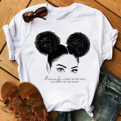 Women Fashion Simple African Black Girl Print Round Neck Short Sleeve T-Shirt