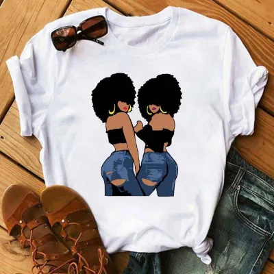 Women Fashion Simple African Black Girl Print Round Neck Short Sleeve T-Shirt
