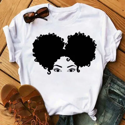 Women Fashion Simple African Black Girl Print Round Neck Short Sleeve T-Shirt