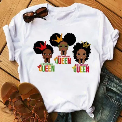 Women Fashion Simple African Black Girl Print Round Neck Short Sleeve T-Shirt