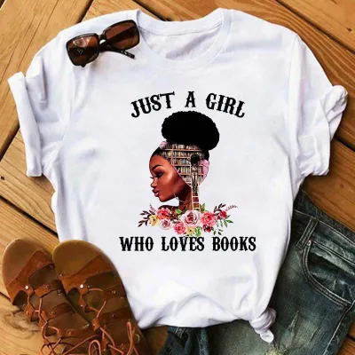 Women Fashion Simple African Black Girl Print Round Neck Short Sleeve T-Shirt