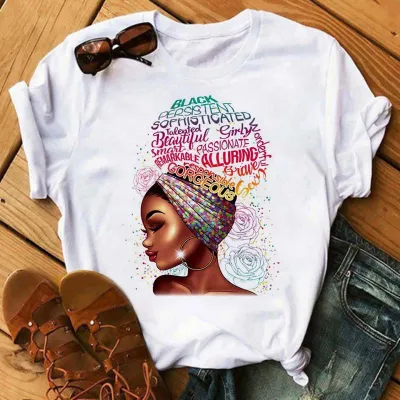Women Fashion Simple African Black Girl Print Round Neck Short Sleeve T-Shirt