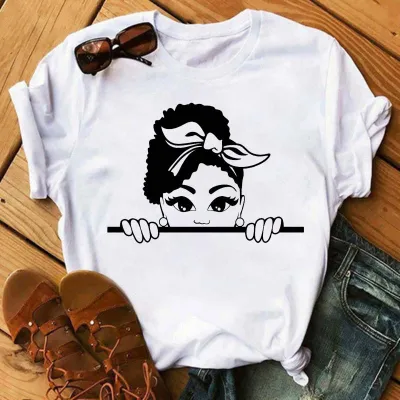 Women Fashion Simple African Black Girl Print Round Neck Short Sleeve T-Shirt