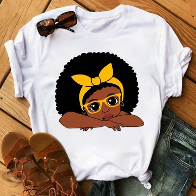 Women Fashion Simple African Black Girl Print Round Neck Short Sleeve T-Shirt