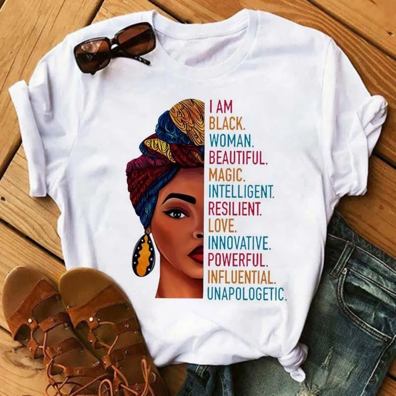 Women Fashion Simple African Black Girl Print Round Neck Short Sleeve T-Shirt
