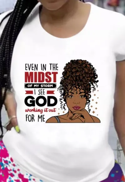 Women's African Girl Letter Print Round Neck Short Sleeve T-Shirt