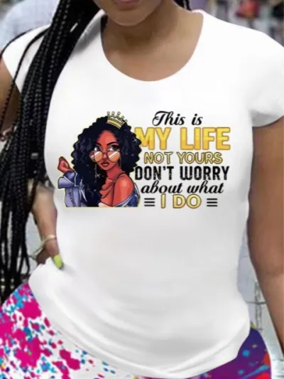 Women's African Girl Letter Print Round Neck Short Sleeve T-Shirt