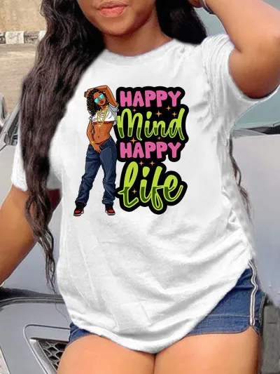 Women's African Girl Letter Print Round Neck Short Sleeve T-Shirt