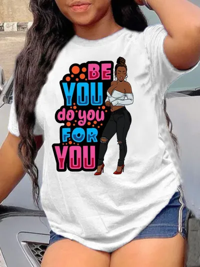 Women's African Girl Letter Print Round Neck Short Sleeve T-Shirt