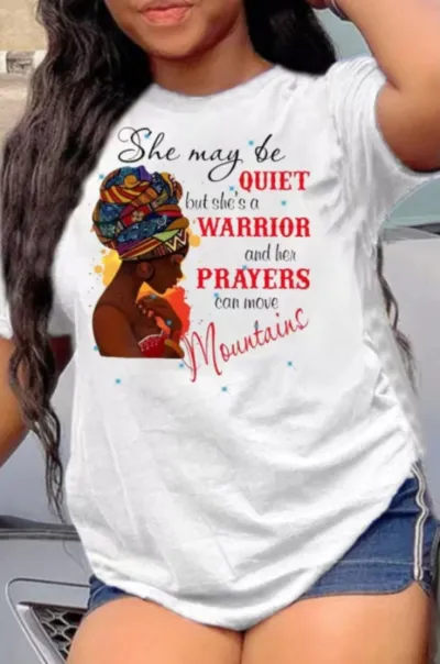 Women's African Girl Letter Print Round Neck Short Sleeve T-Shirt