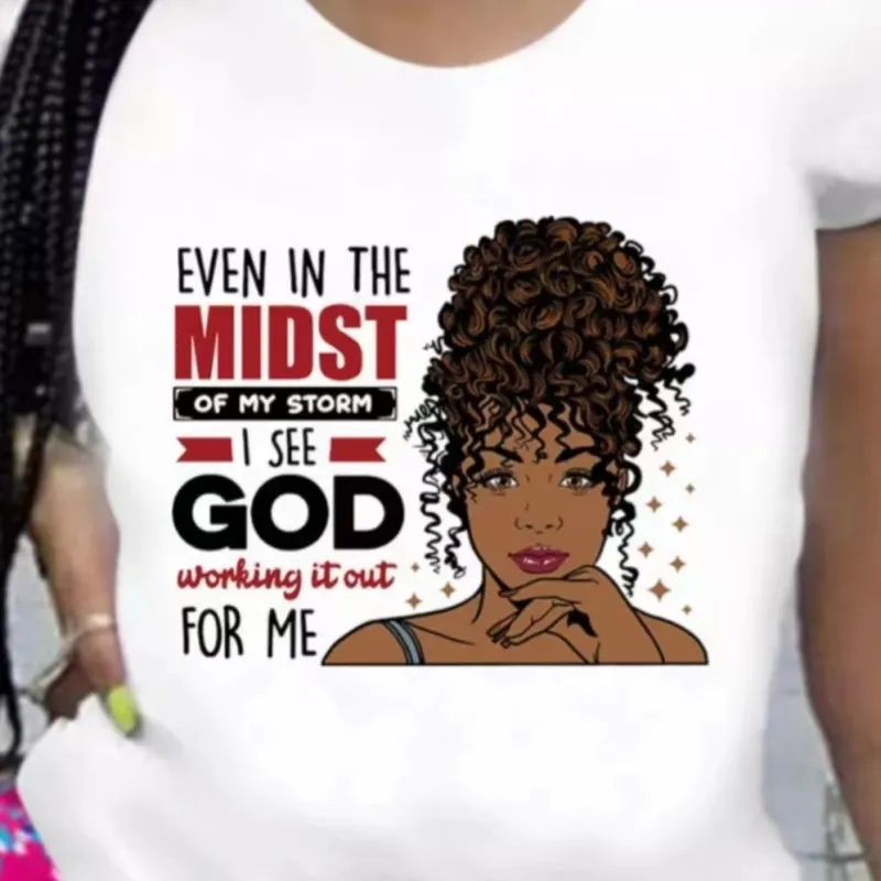 Women's African Girl Letter Print Round Neck Short Sleeve T-Shirt