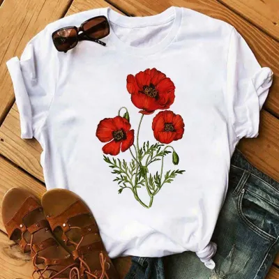 Women's Floral Print Modal T-Shirt - Loose Fit Round Neck Short Sleeve