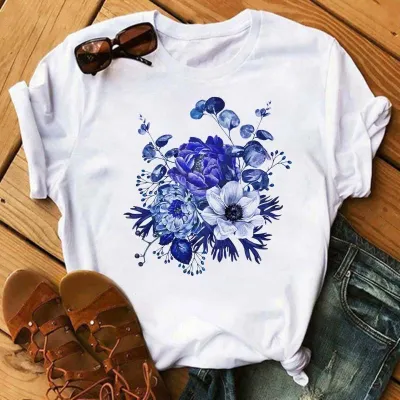 Women's Floral Print Modal T-Shirt - Loose Fit Round Neck Short Sleeve