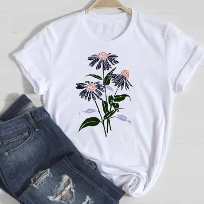 Women's Floral Print Modal T-Shirt - Loose Fit Round Neck Short Sleeve