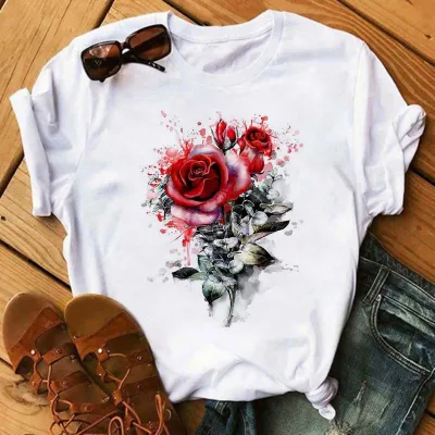 Women's Floral Print Modal T-Shirt - Loose Fit Round Neck Short Sleeve
