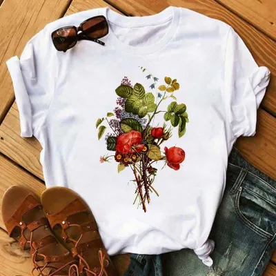 Women's Floral Print Modal T-Shirt - Loose Fit Round Neck Short Sleeve